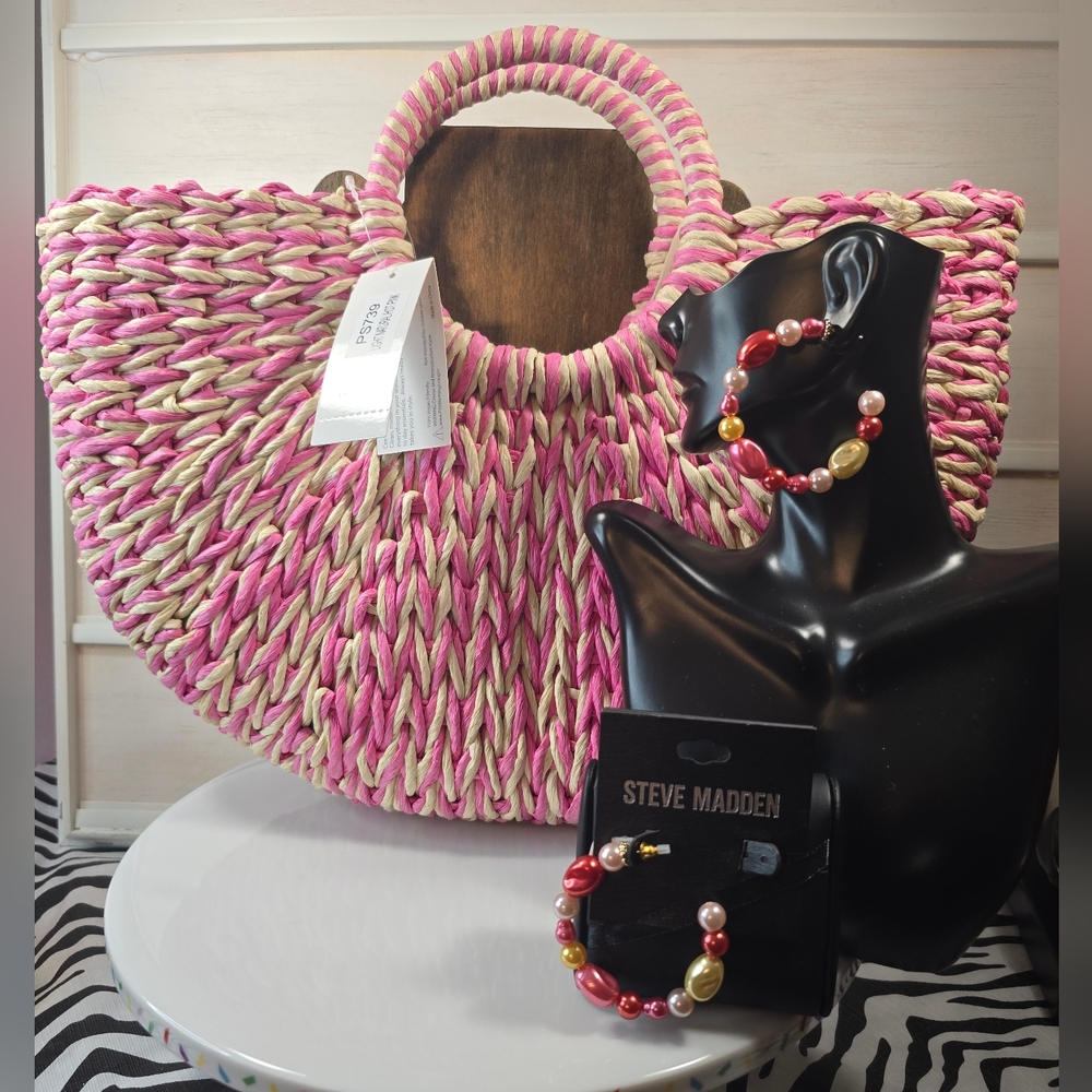 Steve Madden Pink earrings Cream& Pink Woven Women's Bag